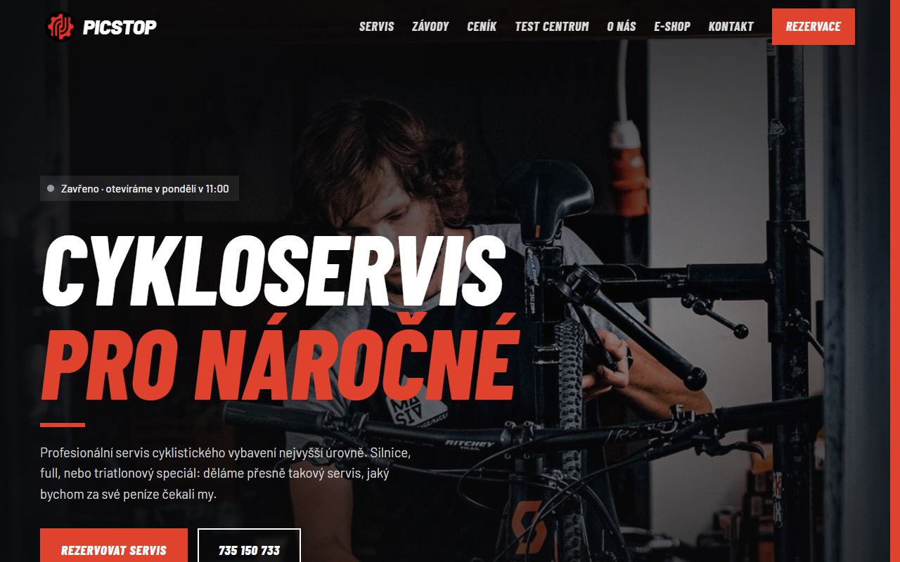 Úvodní stránka webu cykloservisu PICSTOP