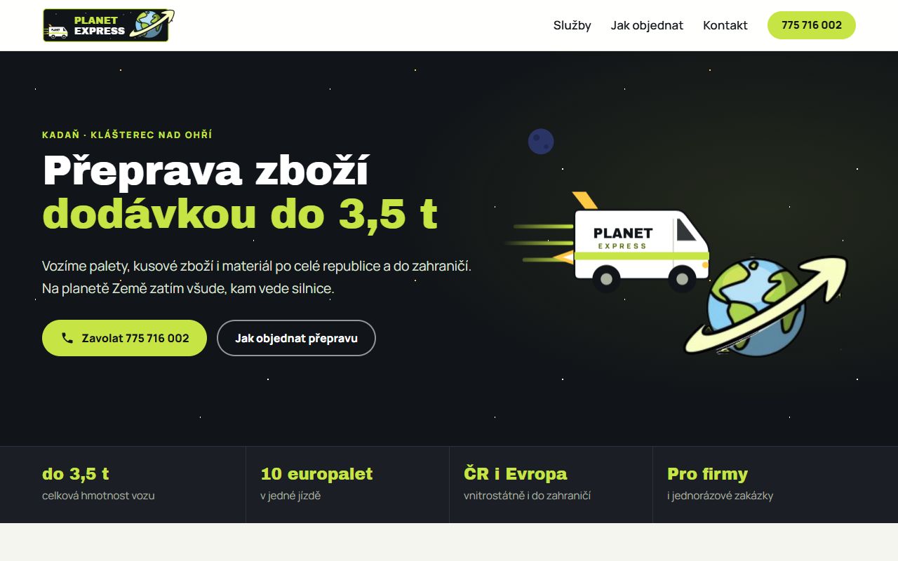 Úvodní stránka webu dopravy PLANET EXPRESS